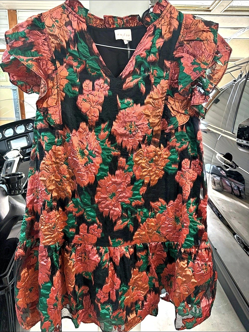 Floral Mini Dress in Black & Orange Like New